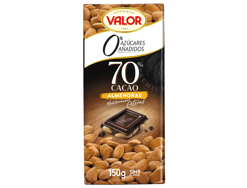 Chocolate Negro 70% con Almendras Mediterráneas. 0% Azúcares añadidos