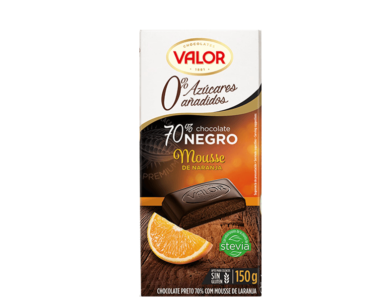 Chocolate negro 70% Mousse de Naranja. 0% Azúcares Añadidos.