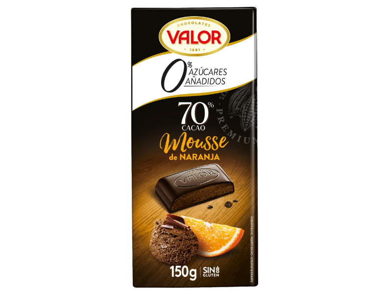 Chocolate negro 70% Mousse de Naranja. 0% Azúcares Añadidos.