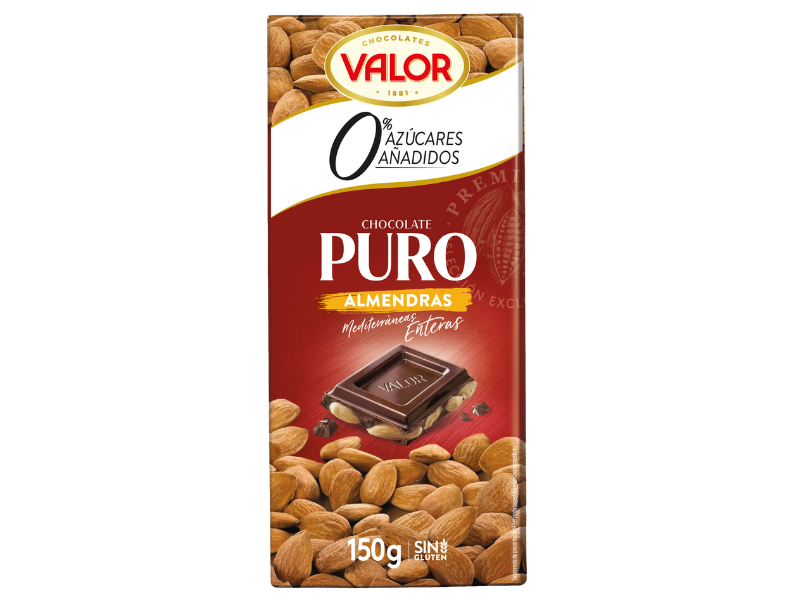 Chocolate Puro con Almendras Mediterráneas. 0% Azúcares Añadidos.