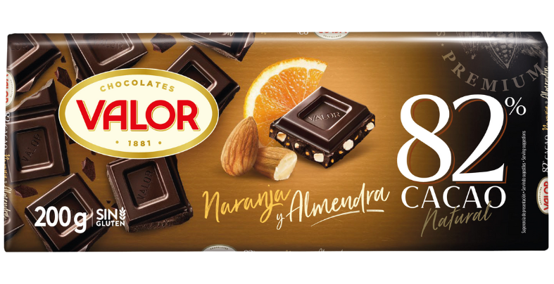 Chocolate Negro 82% con almendra y naranja